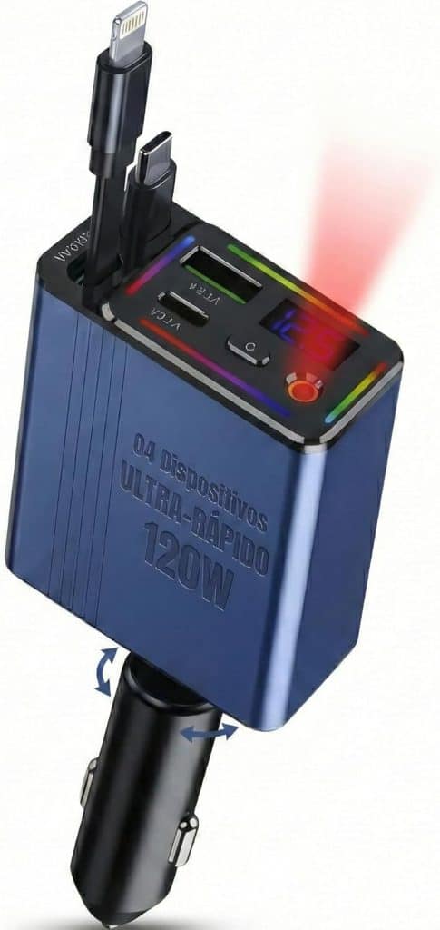 Carregador automotivo inovador com cabos retráteis proporciona carga rápida para dois dispositivos, alcançando até 120W de potência.